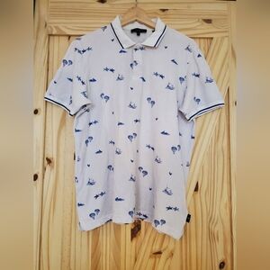 Ted Baker Size 3 White & Blue Pattern Cotton Polo Shirt